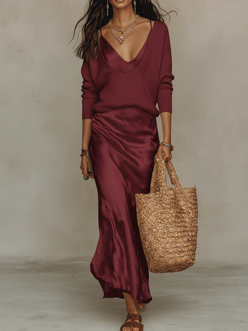 Elana | Midi Satin Dress with Included Sweater